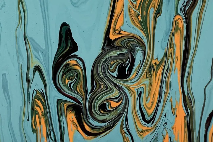 Abstract marbled pattern with swirls of teal, blue, orange, black, and cream.