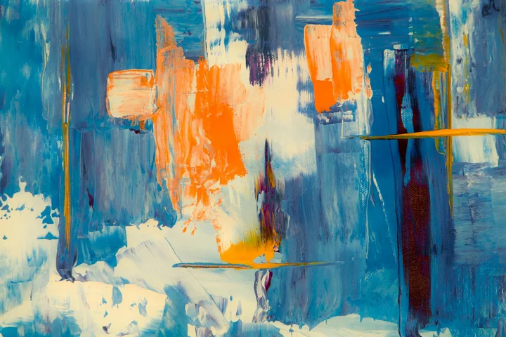 Abstract painting with blue, orange, and white brushstrokes