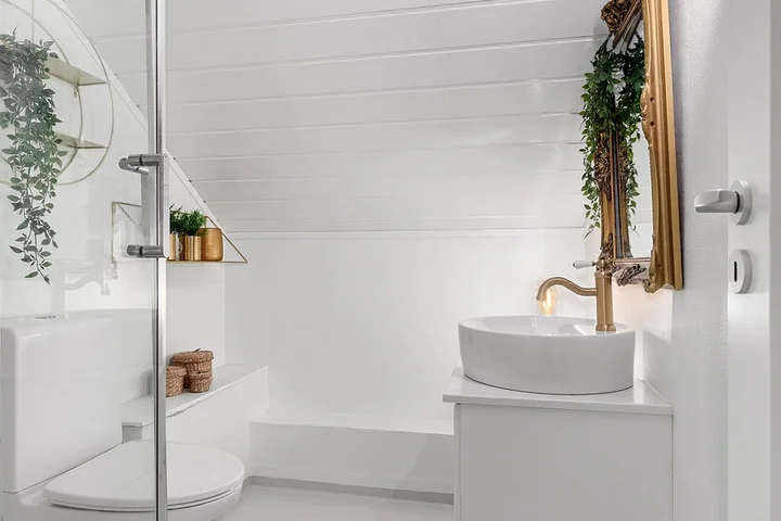 Modern white bathroom with a white sink, brass faucet, glass shower door, and green plants for a clean, stylish fixtures setting.