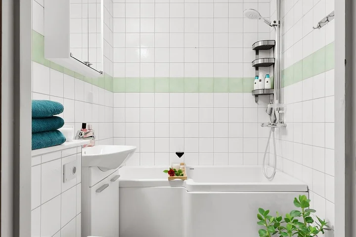 Bright bathroom with a glass shower door, white tiled walls with a light green band, a small shelf with bottles, and a potted plant nearby.