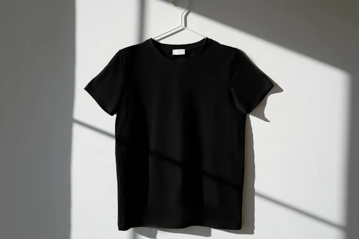 A plain black T-shirt hangs on a hanger against a white wall with dramatic sunlight and shadows.