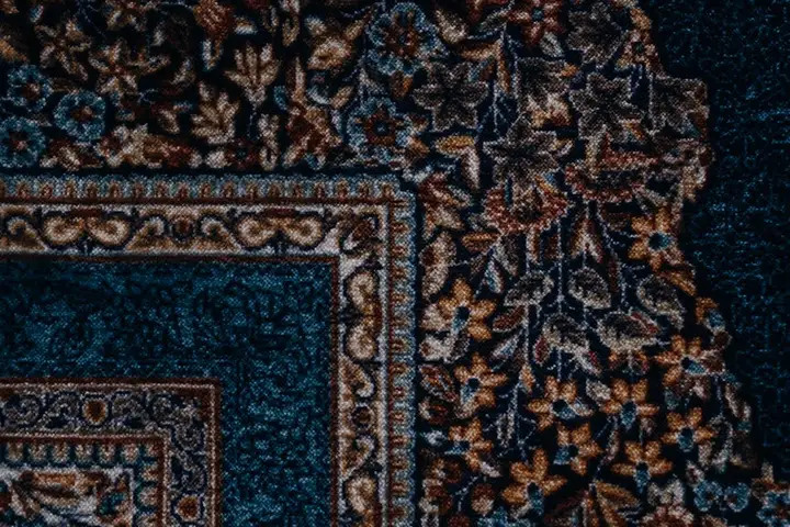 Close-up of an ornate blue and beige patterned carpet rug.