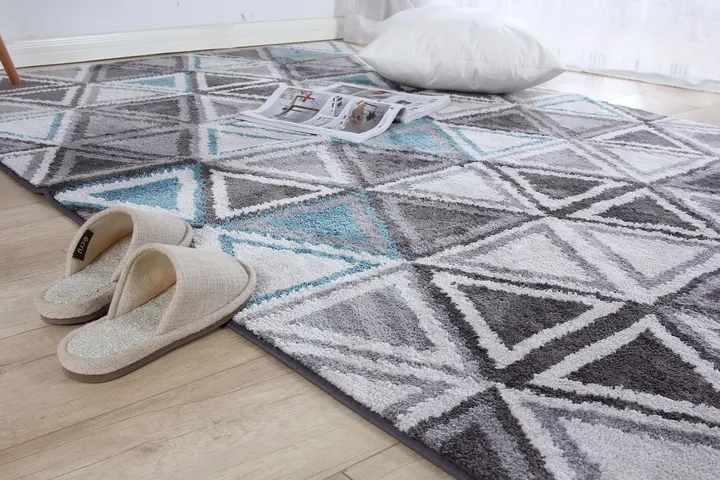Geometric-patterned gray and white rug on a wooden floor, with beige slippers and a white cushion in the background.