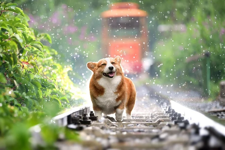 A corgi walking along railroad tracks in a lush green setting, with small white particles in the air and a blurred orange object in the background.