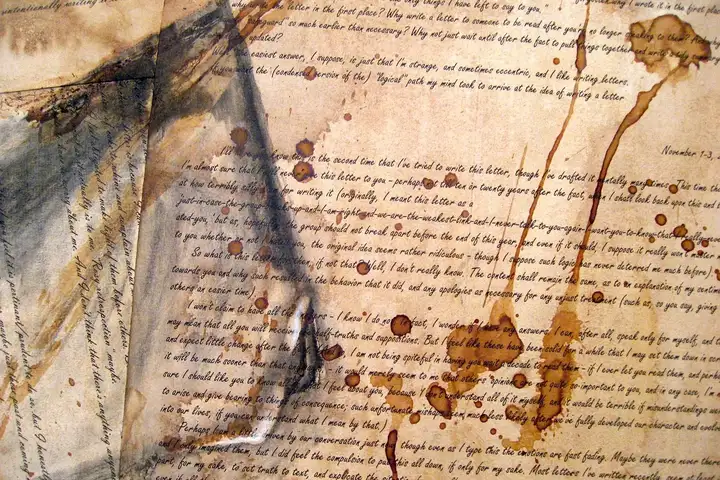 Close-up of coffee stains on an old manuscript page with a pair of eyeglasses resting on top.