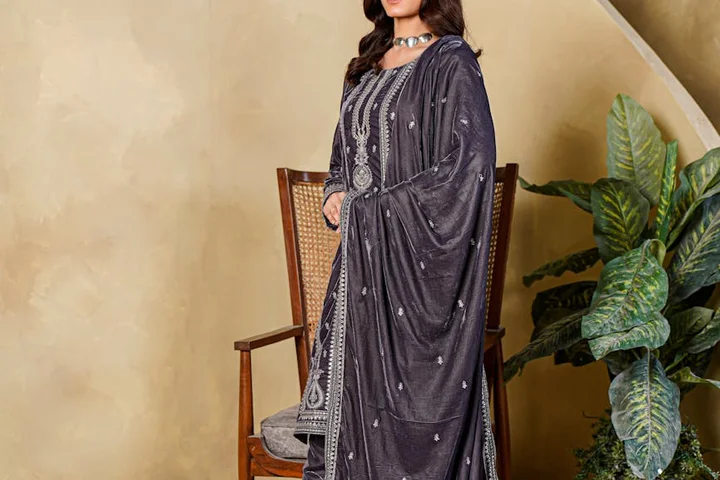 A person wearing a dark gray embroidered dress stands beside a chair with a plant in the background, illustrating preparation for stain-removal.