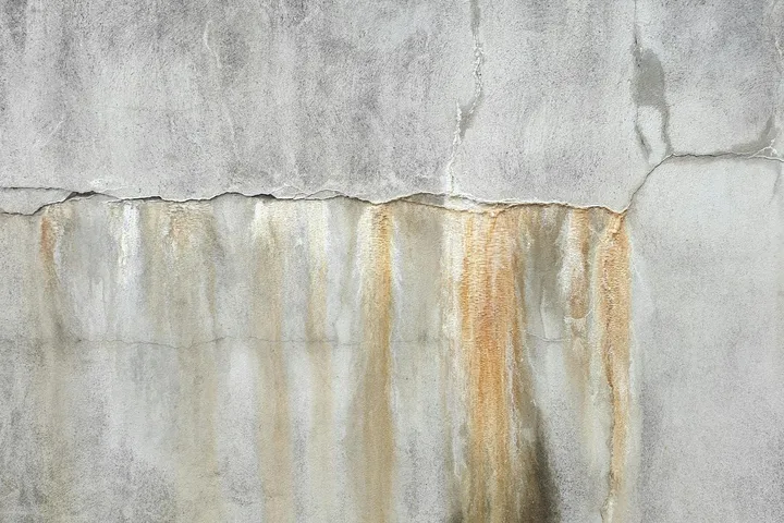 Concrete surface with vertical brown streaks resembling oil or rust stains running down a wall-like section.