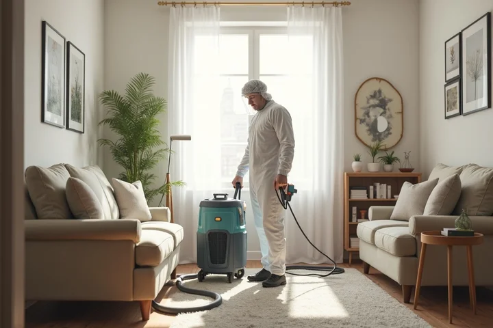 A person operating odor removal equipment in a living room after a fire or flood, with natural light, a sofa, and decorative plants.