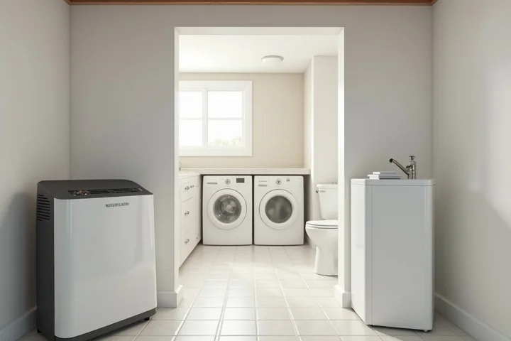 Laundry room with front-loading washer and dryer, a dehumidifier on the left, a sink on the right, and a bright window in the background.