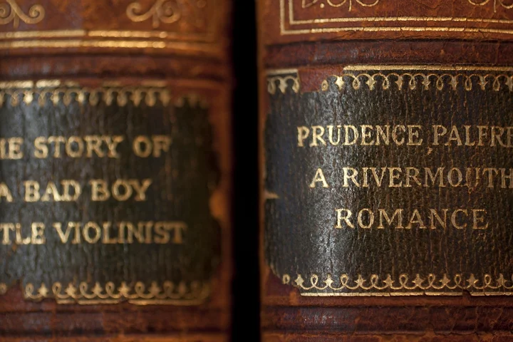Close-up of two antique leather-bound books with gold lettering on their spines.