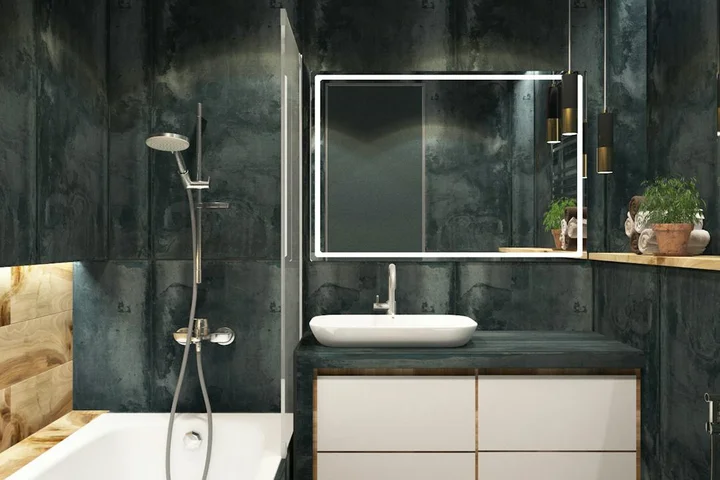 Modern bathroom with dark tile walls, a white vessel sink on a dark countertop, a backlit rectangular mirror, a shower on the left, a bathtub, and a small plant on a shelf.