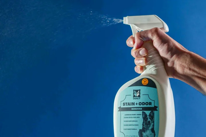 A hand holds and sprays a bottle of stain and odor remover against a solid blue background.