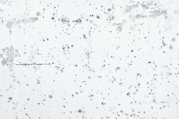 Close-up of dark mold and mildew spots on a white concrete surface