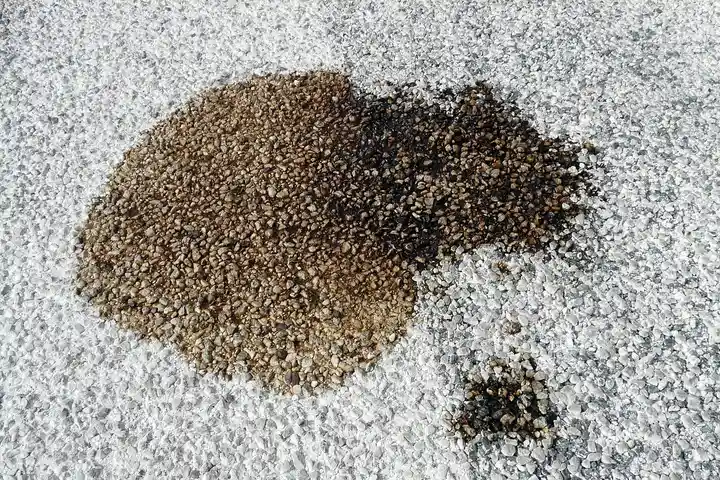 Brown oil stain forming a large circular patch on light gray concrete with a smaller dark spot nearby.