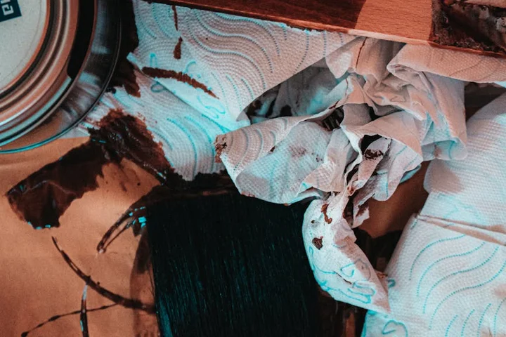 Cloth rags and a metal lid with dark oil stains on a wooden surface, illustrating oil stains and cleaning challenges related to exterior surfaces.