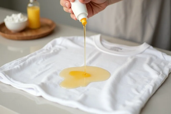 Hand squeezing oil onto a white T-shirt to pre-treat a grease stain.
