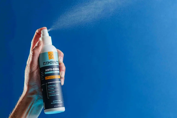 Hand holding a spray bottle releasing mist against a blue background