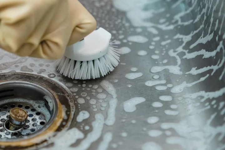 Close-up of a brush scrubbing a sink with soapy water, illustrating daily cleaning to prevent stains on porcelain and ceramic surfaces