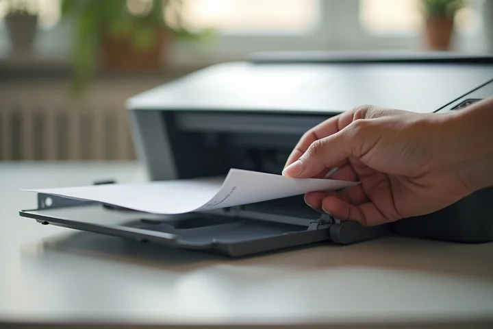 Close-up of a hand removing a sheet of paper from a jammed printer