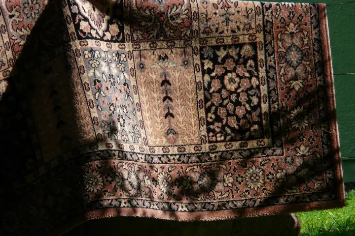 Patterned rug laid on grass with visible wrinkles and creases along the folds.