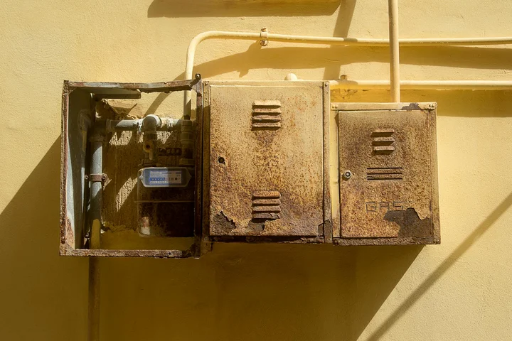 Rusty metal utility boxes mounted on a pale yellow wall, showing corrosion and rust stains