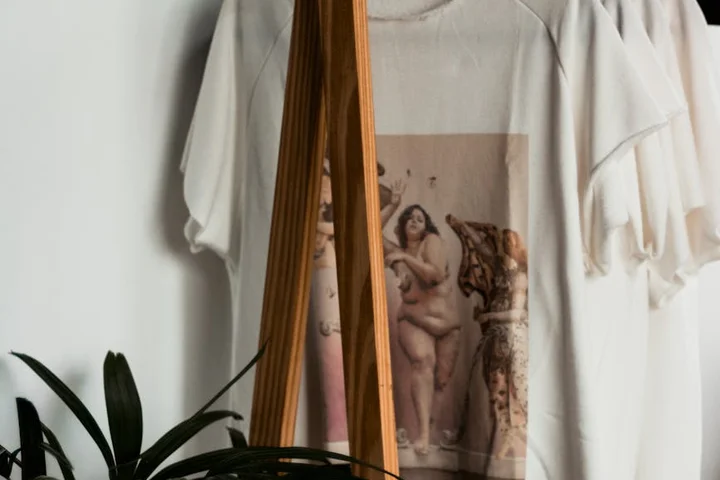 White garments hanging indoors with a framed poster featuring a nude artwork in the background and a wooden support in the foreground, with a plant visible at the bottom left