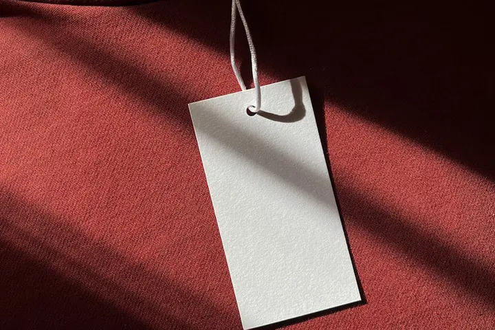 White blank clothing tag hanging on red fabric with shadows