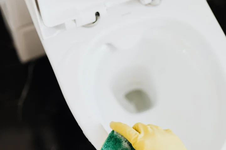 Gloved hand scrubbing a toilet with a green sponge