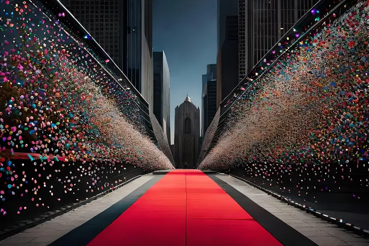 Outdoor red carpet on a city street with confetti bursting on both sides, illustrating weather-resistant care for outdoor textiles.